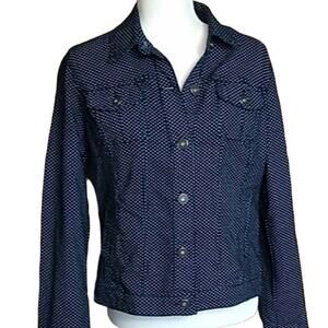 Baccini Womens SZ Medium Denim Polka Dot Button Jean Jacket Stretch Dark Wash